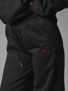 Missguided x Playboy Wide Leg Sweatpants With Rhinestone Bunny Logo And Script Print Elastic Drawstring Waist Side Pockets Casual Everyday Style Halloween - Black - View 4