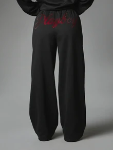 Missguided x Playboy Wide Leg Sweatpants With Rhinestone Bunny Logo And Script Print Elastic Drawstring Waist Side Pockets Casual Everyday Style Halloween - Black - View 1