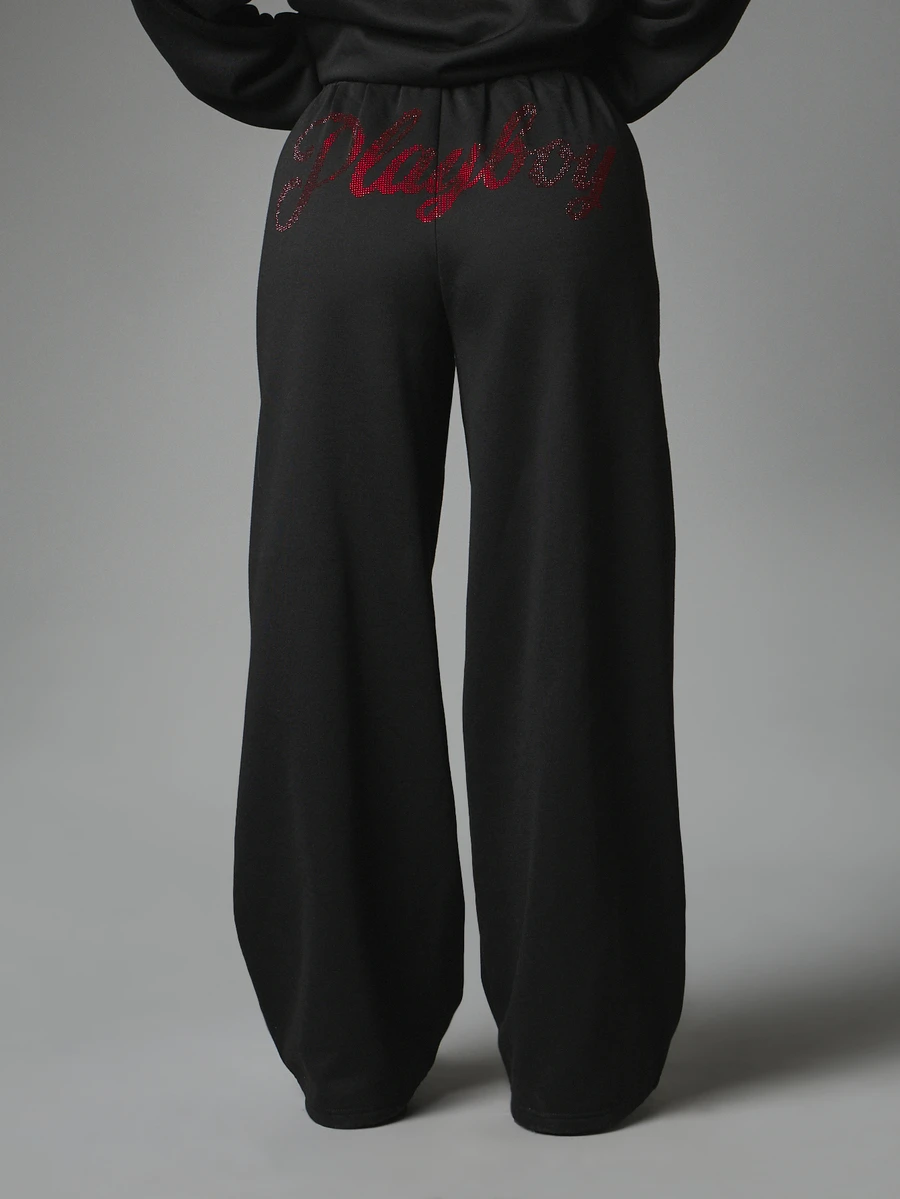 Missguided x Playboy Wide Leg Sweatpants With Rhinestone Bunny Logo And Script Print Elastic Drawstring Waist Side Pockets Casual Everyday Style Halloween - Black - View 1