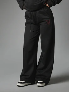 Missguided x Playboy Wide Leg Sweatpants With Rhinestone Bunny Logo And Script Print Elastic Drawstring Waist Side Pockets Casual Everyday Style Halloween - Black - View 5