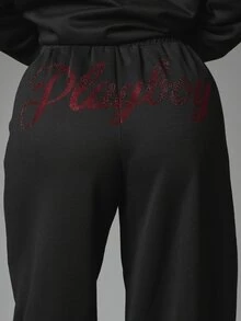 Missguided x Playboy Wide Leg Sweatpants With Rhinestone Bunny Logo And Script Print Elastic Drawstring Waist Side Pockets Casual Everyday Style Halloween - Black - View 2