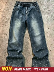 Manfinity Dauomo 男士休閒復古做舊漸層黑色星星與鑽石印花牛仔效果運動長褲，彈性腰頭 - 彩色 - 查看 1