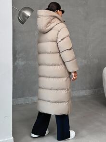 SHEIN Tall Zip Up Hooded Long Tall Size Winter Coat - Beige - View 2