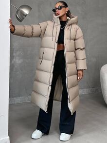 SHEIN Tall Zip Up Hooded Long Tall Size Winter Coat - Beige - View 6
