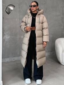 SHEIN Tall Zip Up Hooded Long Tall Size Winter Coat - Beige - View 7