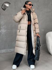SHEIN Tall Zip Up Hooded Long Tall Size Winter Coat - Beige - View 4