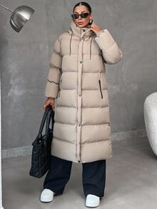 SHEIN Tall Zip Up Hooded Long Tall Size Winter Coat - Beige - View 5