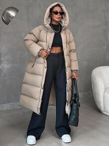 SHEIN Tall Zip Up Hooded Long Tall Size Winter Coat - Beige - View 3