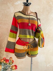 Soleia Autumn/Winter Asymmetrical Shoulder Rolled Hem Brown Striped Burnt Orange Long Fla Sleeve Top + Low Waist Tie Shorts Christmas Music Festival Vacation - Multicolor - View 6