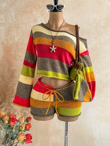 Soleia Autumn/Winter Asymmetrical Shoulder Rolled Hem Brown Striped Burnt Orange Long Fla Sleeve Top + Low Waist Tie Shorts Christmas Music Festival Vacation - Multicolor - View 1