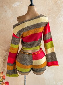 Soleia Autumn/Winter Asymmetrical Shoulder Rolled Hem Brown Striped Burnt Orange Long Fla Sleeve Top + Low Waist Tie Shorts Christmas Music Festival Vacation - Multicolor - View 2
