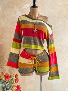 Soleia Autumn/Winter Asymmetrical Shoulder Rolled Hem Brown Striped Burnt Orange Long Fla Sleeve Top + Low Waist Tie Shorts Christmas Music Festival Vacation - Multicolor - View 7