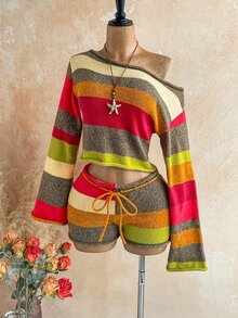 Soleia Autumn/Winter Asymmetrical Shoulder Rolled Hem Brown Striped Burnt Orange Long Fla Sleeve Top + Low Waist Tie Shorts Christmas Music Festival Vacation - Multicolor - View 5
