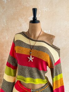 Soleia Autumn/Winter Asymmetrical Shoulder Rolled Hem Brown Striped Burnt Orange Long Fla Sleeve Top + Low Waist Tie Shorts Christmas Music Festival Vacation - Multicolor - View 3