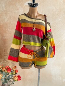 Soleia Autumn/Winter Asymmetrical Shoulder Rolled Hem Brown Striped Burnt Orange Long Fla Sleeve Top + Low Waist Tie Shorts Christmas Music Festival Vacation - Multicolor - View 4