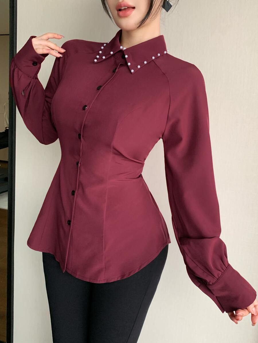 Modelyn 女款酒紅色珠飾領襯衫,長袖鬆緊腰上衣 - 酒紅色 - 查看 1
