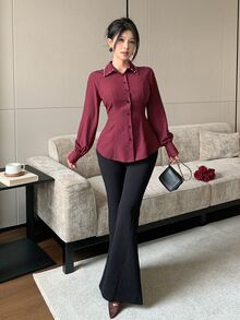 Modelyn 女款酒紅色珠飾領襯衫，長袖鬆緊腰上衣 - 酒紅色 - 查看 7