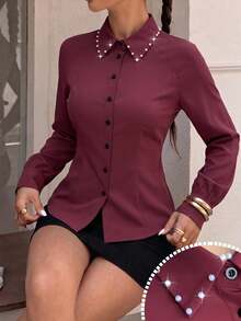 Modelyn 女款酒紅色珠飾領襯衫，長袖鬆緊腰上衣 - 酒紅色 - 查看 5