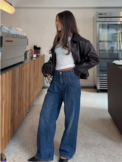 Anewsta Modern Fashion Elegant High Waist Blue Denim A-Line Wide Leg Jeans For Women, Fall, Winter, Summer, Spring, Going Out, Party, Wedding, New Year