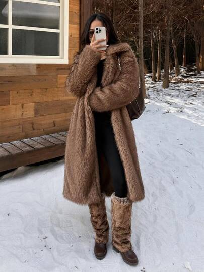 SHEIN PETITE Women's Winter New Brown Faux Fur Mid-Length Coat With Lapel