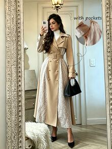 SHEIN Clasi Women's Fall Printed White Double-Breasted Cinched Waist A-Line Gold Button Long Sleeve Contrast Color Elegant French Lace Office Trench Coat - Khaki - View 7