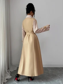 SHEIN Clasi Women's Fall Printed White Double-Breasted Cinched Waist A-Line Gold Button Long Sleeve Contrast Color Elegant French Lace Office Trench Coat - Khaki - View 2