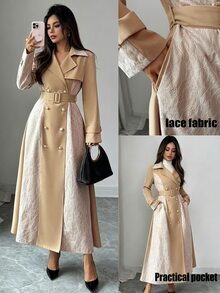 SHEIN Clasi Women's Fall Printed White Double-Breasted Cinched Waist A-Line Gold Button Long Sleeve Contrast Color Elegant French Lace Office Trench Coat - Khaki - View 4