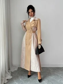 SHEIN Clasi Women's Fall Printed White Double-Breasted Cinched Waist A-Line Gold Button Long Sleeve Contrast Color Elegant French Lace Office Trench Coat - Khaki - View 8