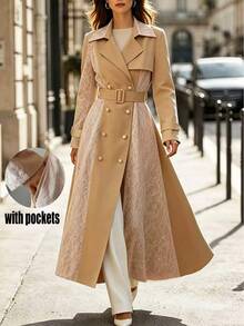SHEIN Clasi Women's Fall Printed White Double-Breasted Cinched Waist A-Line Gold Button Long Sleeve Contrast Color Elegant French Lace Office Trench Coat - Khaki - View 1