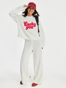 SHEIN Women Round Neck Sweater And Sweater Pant 2pcs Co-Ord Set Print Detailed - White - View 8