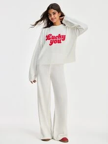 SHEIN Women Round Neck Sweater And Sweater Pant 2pcs Co-Ord Set Print Detailed - White - View 7