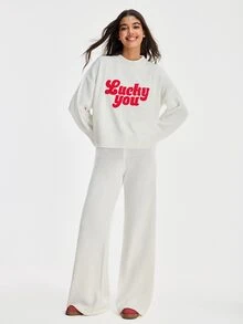 SHEIN Women Round Neck Sweater And Sweater Pant 2pcs Co-Ord Set Print Detailed - White - View 5