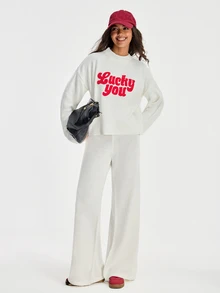 SHEIN Women Round Neck Sweater And Sweater Pant 2pcs Co-Ord Set Print Detailed - White - View 4