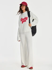 SHEIN Women Round Neck Sweater And Sweater Pant 2pcs Co-Ord Set Print Detailed - White - View 6
