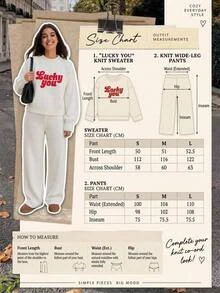 SHEIN Women Round Neck Sweater And Sweater Pant 2pcs Co-Ord Set Print Detailed - White - View 3
