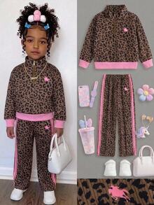 Set Anak Perempuan Muda Musim Gugur/Dingin Lucu Kasual Motif Macan Tutul Patchwork Pola Garis Lengan Panjang Kerah Tegak Sweatshirt dan Celana Panjang Pinggang Elastis - MultiWarna - View 7