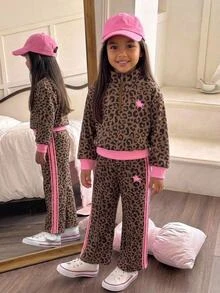 Set Anak Perempuan Muda Musim Gugur/Dingin Lucu Kasual Motif Macan Tutul Patchwork Pola Garis Lengan Panjang Kerah Tegak Sweatshirt dan Celana Panjang Pinggang Elastis - MultiWarna - View 8