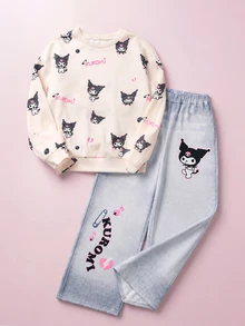 Maija Kids HELLO KITTY AND FRIENDS | SHEIN Maija Kids 兒童青少年女孩全印花圓領長袖運動衫與運動長褲休閒日常套裝 - 彩色 - 查看 2