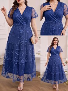 Reflora 大尺碼優雅派對刺繡網紗拼接洋裝，夏季洋裝，夏季服飾，春季洋裝，春季服飾，女款春季洋裝，春季服飾，情人節，情人節女裝，派對，派對洋裝，優雅派對洋裝，派對服飾，婚禮，婚禮賓客洋裝，女款婚禮 - 藏蓝色 - 查看 5