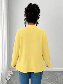 SHEIN PETITE CURVE 大尺碼女款素色休閒百搭日常外出開襟衫 秋季 - 黃色 - 查看 2