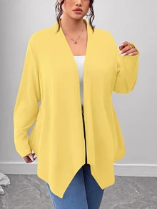 SHEIN PETITE CURVE 大尺碼女款素色休閒百搭日常外出開襟衫 秋季 - 黃色 - 查看 5