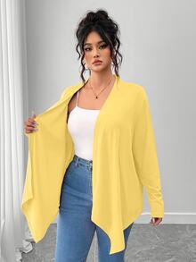 SHEIN PETITE CURVE 大尺碼女款素色休閒百搭日常外出開襟衫 秋季 - 黃色 - 查看 8