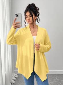 SHEIN PETITE CURVE 大尺碼女款素色休閒百搭日常外出開襟衫 秋季 - 黃色 - 查看 6