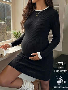 SHEIN Maternity Color Block Casual Daily Summer Travel Dress Fall - Black and White - View 1