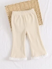 SHEIN Baby Girl Cute Casual Versatile Thermal Lined Elastic Waist Flared Leg Winter Pants - Beige - View 4