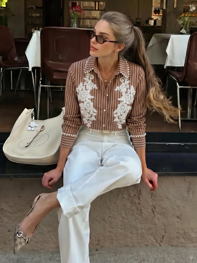 Anewsta Women's Spring Fashion New Elegant Applique Casual Pearl Trim Long Sleeve Versatile Blouse