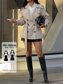 SHEIN PETITE Mantel trench khaki yang stylish dan longgar untuk wanita bertubuh mungil - cocok untuk bepergian dan pakaian kasual. - Khaki - View 5