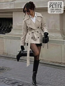 SHEIN PETITE Mantel trench khaki yang stylish dan longgar untuk wanita bertubuh mungil - cocok untuk bepergian dan pakaian kasual. - Khaki - View 1