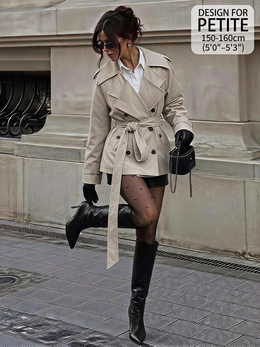 SHEIN PETITE Mantel trench khaki yang stylish dan longgar untuk wanita bertubuh mungil - cocok untuk bepergian dan pakaian kasual. - Khaki - View 1