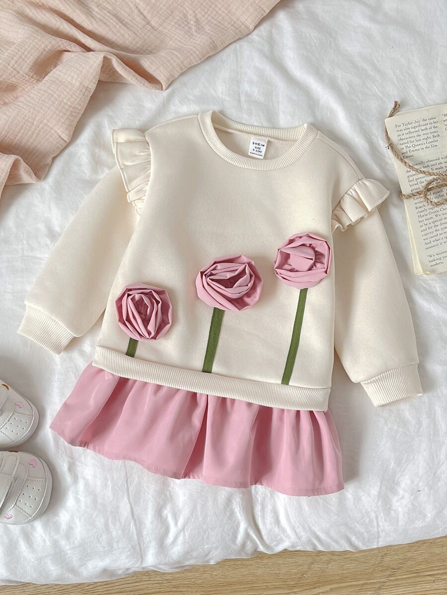 SHEIN Infant Cute Floral Colorblock Long Sleeve Dress - Apricot - View 1